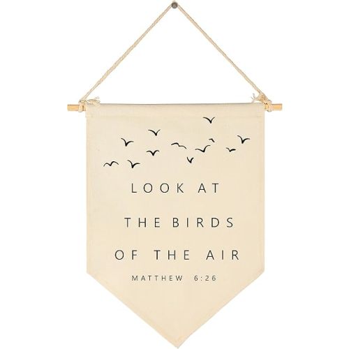 Look at The Birds- Bible Verse Wall Art- Minimal Christian Wall Decor- Bible Baptism Gift-Scripture Hanging Flag Art Decor-Banner Wall Sign Gift-Living Room Bedroom Home Decor