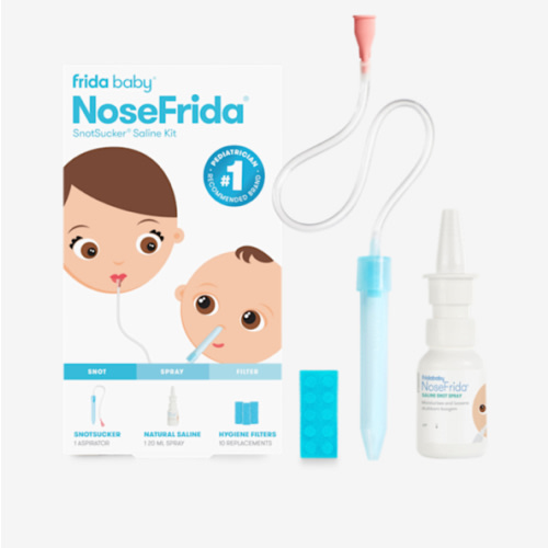 Frida Baby Saline Kit, Includes NoseFrida Nasal Aspirator for Baby, Baby Nose Sucker, Saline Nasal Spray for Babies with 10 Extra Hygiene Filters, Nasal Spray Decongestant, 0.68 fl oz