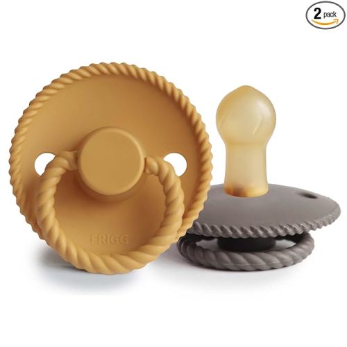 FRIGG Rope Natural Rubber Baby Pacifier | Made in Denmark | BPA-Free (Honey Gold/Portobello, 0-6 Months)