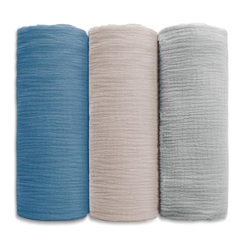 Muslin Swaddle Blankets for Baby Boy & Girl - Soft, Breathable Newborn Receiving Blankets Set (Blue, 3 Pack)
