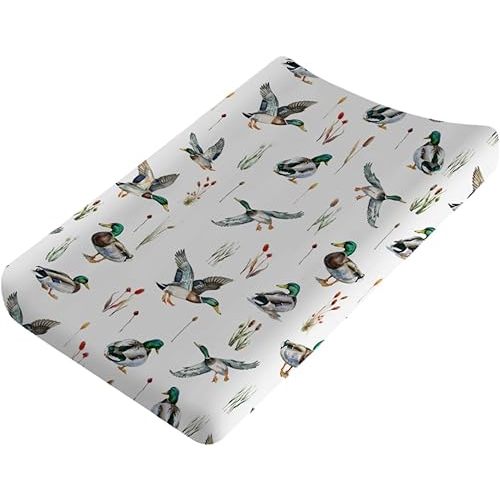 Watercolor Mallard Duck Hunting Changing Pad Covers Baby Duck Hunting Nursery Decor Diaper Change Pad Sheets for Boys Girls Wild Duck Leaves Soft Breathable Stretchy Changing Sheets Mats 32''x16''