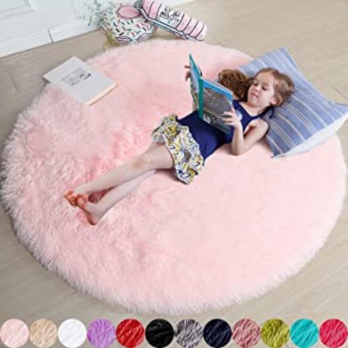 Pink Round Rug for Girls Bedroom, Fluffy Circle Rug 5'X5' for Kids Room, Furry Carpet for Teen Girls Room, Shaggy Circular Rug for Nursery Room, Fuzzy Plush Rug for Dorm, Cute Room Decor for Baby