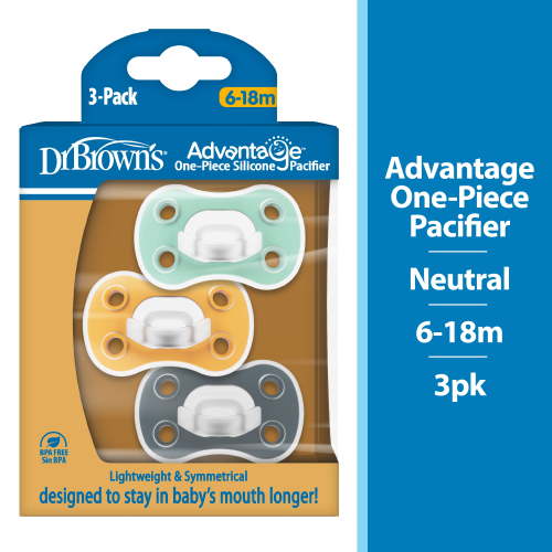 Dr. Brown's Advantage One-Piece Silicone Baby Pacifier Fully Symmetrical 6-18M 3 Pack