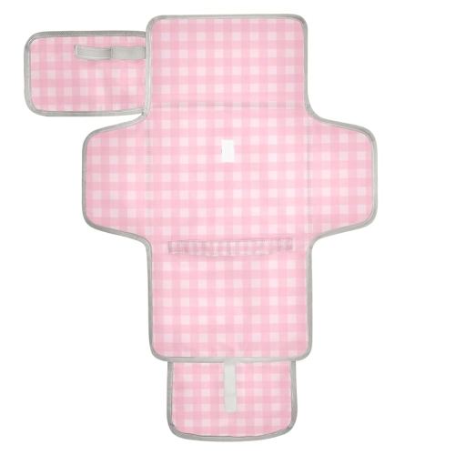 Baby Portable Diaper Changing Pad Waterproof Pink Checkered Plaid Gingham Diaper Changing Mat with Wipes Pocket Foldable Travel Changing Pad Bag
