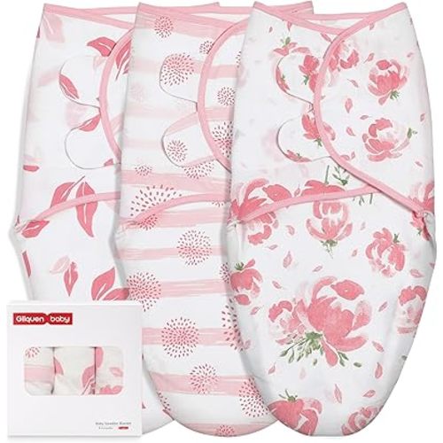 GLLQUEN BABY Girl Swaddles 0-3 Months - 3 Pack Baby Swaddles Sack for Newborn, Infant Sleep Sack, Easy Swaddling Wrap, A Pink Floral, Nursery Swaddle Blankets Essentials