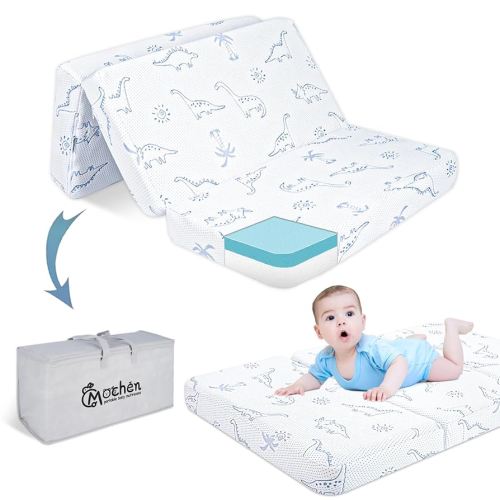 Mochen Trifold Pack and Play Mattress 38x26 Dual-Sided Memory Foam Pack n Play Mattresses Pad with Removable Dinosaurs Cover & Carry Bag, Portable Travel Mattress for Pack N Play Playpen