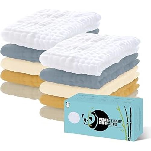 HIPHOP PANDA 10 Pack 6-Layers Muslin Burp Cloths Large - Durable 100% Cotton - Extra Absorbent and Soft Boys & Girls Rags for Newborn Registry (Grey+White+Ivory+Honey+Brown, 20" X10")