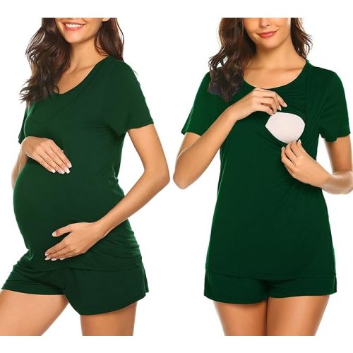 Ekouaer Maternity Nursing Pajamas Set Short Sleeve Breastfeeding Sleepwear Double Layer Postpartum Top and Shorts Set