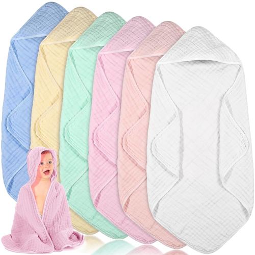 Peryiter 6 Pcs Muslin Hooded Baby Towels,32"x 32" Cotton Newborn Bath Towel Muslin Infant Baby Blankets Absorbent Unisex Newborn Registry Gift for Girls Boys (Light Color Series)