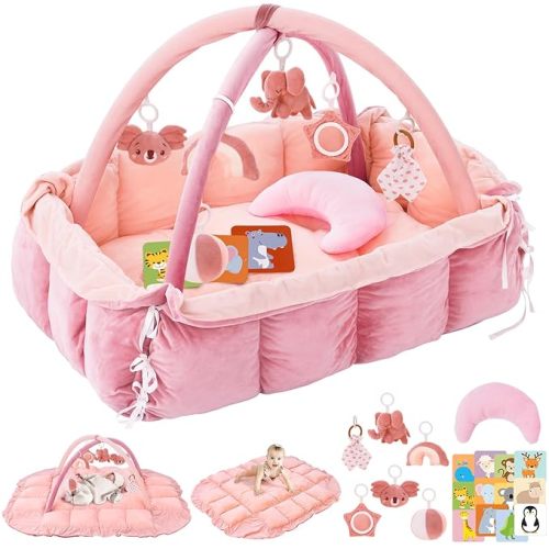 5-in-1 Plush Baby Play Gym, Baby Play Mats, Convertible Baby Gym with Pillow, Tummy time mat, 6 Sensory Toys, Activity Center, Ball Pit, Light Pink