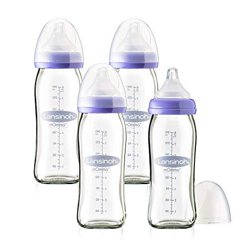 Lansinoh Glass Baby Bottles for Breastfeeding Babies, 8 Ounces, 4 Count,  Includes 4 Medium Flow Nipples (Size 3M)