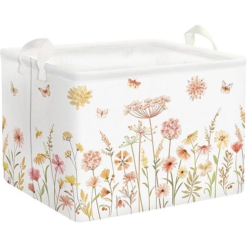 Clastyle Boho Flower Nursery Bin Spring Summer Wildflower Floral Dandelion Plant Butterfly Baby Girl Gift Basket Rectangle Clothes Towel Basket Book Toy Chest