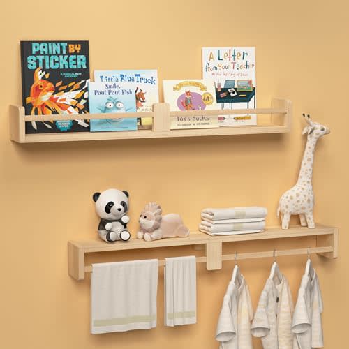 Boswillon 32 Inch Nursery Book Shelves, Floating Shelves Set of 2, Wall Mounted Hanging Shelves for Kids Room Wall, White Wall Shelf, Baby Book Shelves for Kids Bedroom Decor Organizer - Natural Wood