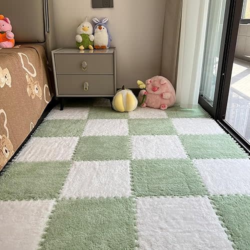 12 Pcs Plush Foam Interlocking Carpet Tiles,Soft Shaggy Fluffy Floor Area Rugs with Padding,Colorful Floor Protective Mats for Home Kids Room Playroom (White and Green, 11.8 x 11.8 x 0.39)