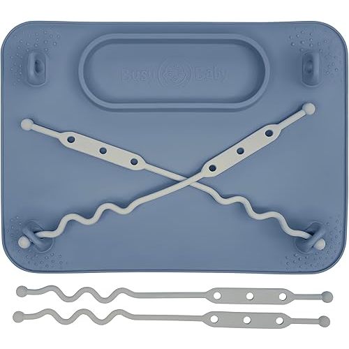BUSY BABY Silicone Mat - New and Improved Suction Cups, 4 Straps to Secure Baby Essentials, Self Feeding, Baby Led Weaning, Travel Sleeve Included (Pewter)