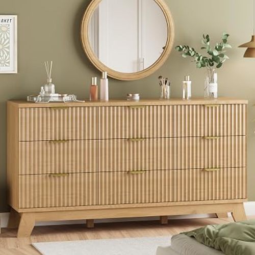 Fluted Dresser for Bedroom with 9 Drawers, 57" Wide Modern Chest of Drawers with Metal Handle, Wooden Dresser TV Stand, Wood Closet Clothes Storage Organizer for Living Room, Hallway, Natural Oak