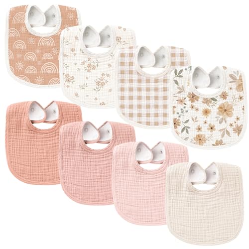 Konssy Muslin Baby Bibs 8 Pack Baby Bandana Drool Bibs Cotton for Unisex Boys Girls, 8 Solid Colors Set for Teething Drooling