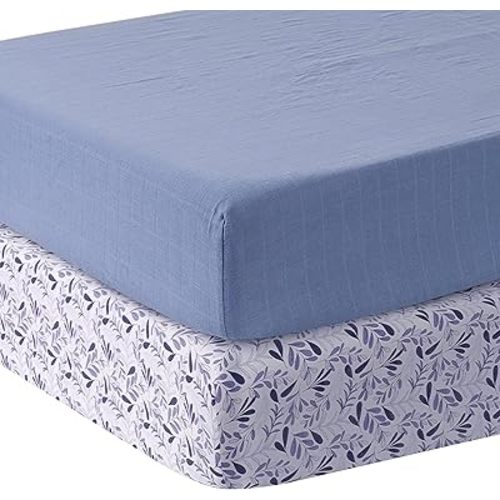 MOZAH Organic Muslin Crib Sheets, Soft and Breathable Bedding for Baby Girls or Boys, Snug Fitted Sheet for Standard Cribs & Toddler Mattresses, 2 Pack, Blue and Blue Leaves