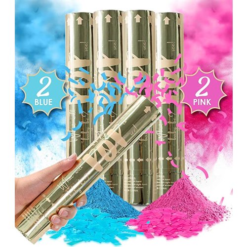 Revealations Gender Reveal Confetti Powder Cannon - Set of 4 Mixed (2 Blue 2 Pink) Gender Reveal Party Supplies - 100% Biodegradable Tissue Safe Powder Smoke