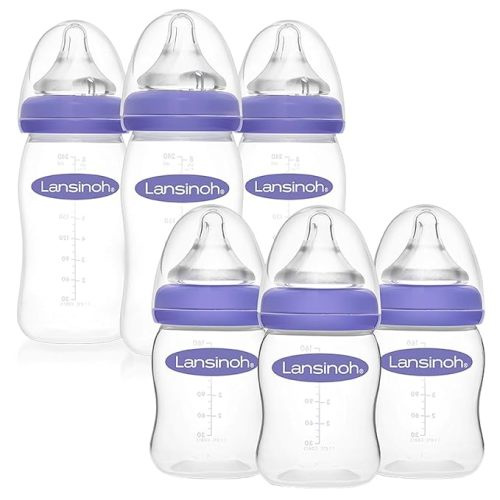 Lansinoh Anti-Colic Baby Bottles for Feeding Babies, 3 Count Each of 5 Ounces and 8 Ounces, 6 Bottles Total, Includes 3 Medium Flow Nipples (Size M) and 3 Slow Flow Nipples (Size S) - 5 Ounce & 8 Ounce, 6 Count
