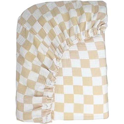 Bolton Baby Co. Checkered Muslin Fitted Crib Sheet | 100% Extra-Soft Breathable Cotton | for Girls and Boys | Fits Standard Baby Crib and Toddler Mattresses (28"x52") (Sand)
