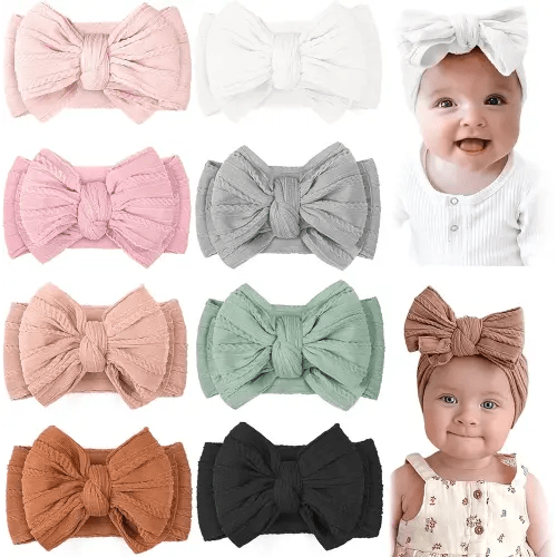 CÉLLOT 8 Pcs Super Stretchy Soft Handmade Headbands with Double Bows Head Wrap Nylon Hair Accessories For Newborn Babies Girls Infants Toddlers