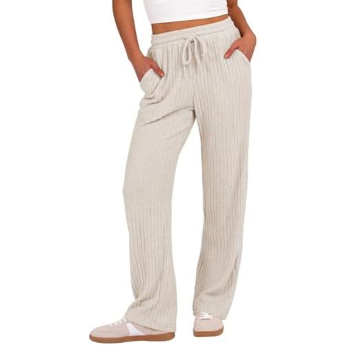 ANRABESS Womens Ribbed Knit Lounge Pajama Pants Soft Fuzzy Comfy Straight Leg Drawstring Fall Loose Pj Bottoms with Pockets