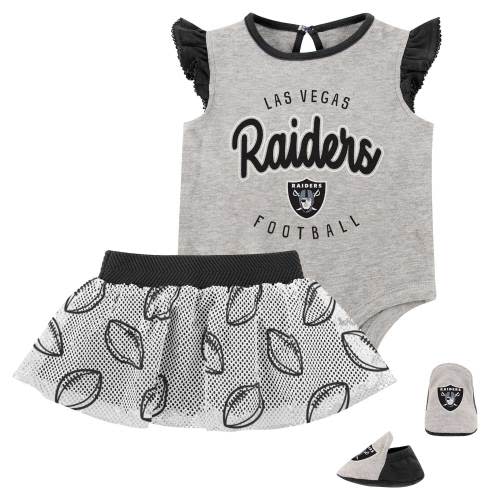 Las Vegas Raiders Girls Infant All Dolled Up Three-Piece Bodysuit, Skirt & Booties Set - Heather Gray/Black