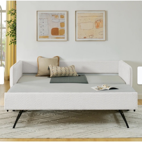 Upholstered Tufted Daybed, Boucle Fabric Sofa Bed Frame with Trundle