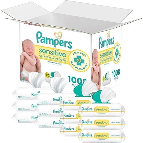 Pampers Sensitive Baby Wipes, Water Based, Hypoallergenic and Unscented, 8 Flip-Top Packs, 4 Refill Packs (1008 Wipes Total)