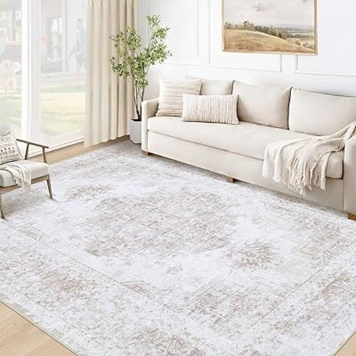 Area Rug 5x7 Living Room Rug, Machine Washable Vintage Distressed Medallion Rug Non-Slip Soft Low Pile Large Indoor Rugs for Bedroom Kitchen Dining Room Office(Beige,5'x7')