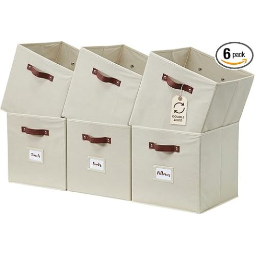 DECOMOMO Storage Bins, Cube Storage Bin with Labels, Fabric Storage Cubes for Shelves (10.5" x 11" / 6pcs, Beige)