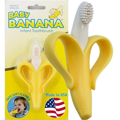 The Original Baby Banana Toothbrush Training Teether Toy, for Babies Infants Toddlers; Teething Relief for Sore Gums, Massaging Soothing; Safest Food Grade Silicone; USA Family-Owned Business