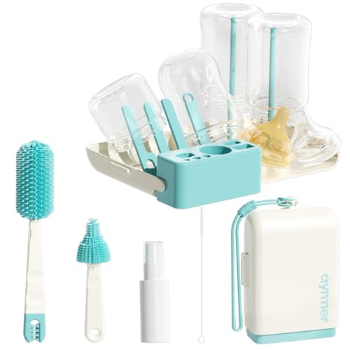 Baby Bottle Brush Cleaner Set - 7 in 1 Travel Bottle Cleaning Brush Kit with Silicone Bottle Brush, Nipple Brush, Soap Dispenser, Portable Drying Rack, Breast Pump & Bottle Cleaning Kit - Lake Green