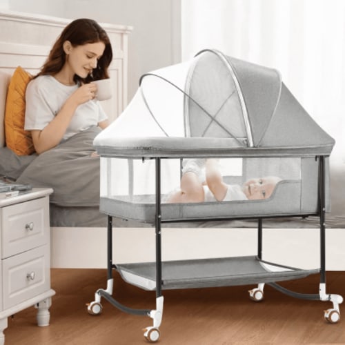 Bedside Bassinet, 4 in 1 Portable Rocking Bassinet for Baby Newborn with Mattress & Diaper Pad, Grey