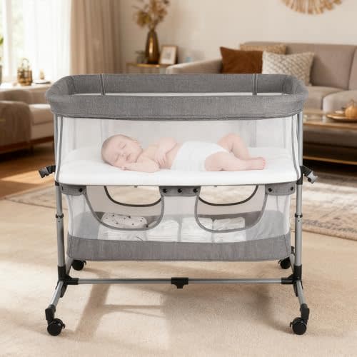 Cheermomo Bassinet Bedside Sleeper with Wheels, 5 Height Adjustable Baby Crib, 2-in-1 Baby Bedside Bassinet, Breathable Full Mesh & Mattress, Stable and Secure Bed for Newborn Infant (Standard Grey)