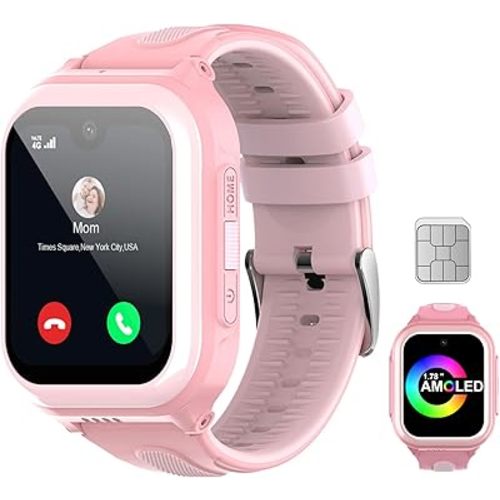 Wonlex 4G GPS Smartwatch for Kids, 1.78" AMOLED Touchscreen Phone Watch with SIM Card, Video Calls, Voice Chat, SOS, Camera, Music, Pedometer, Game, Birthday Gift for Girls Boys Ages 8-15(Pink)