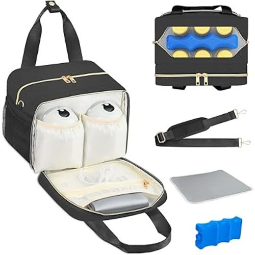 PIIOSER Breastmilk Cooler Bag with Ice Pack, Fits 6 Baby Bottles Up to 9 Ounce, Insulated Bottle Travel Bags with Shoulder Strap-Wearable Breast Pump Carrying Case for Nursing & Working Moms
