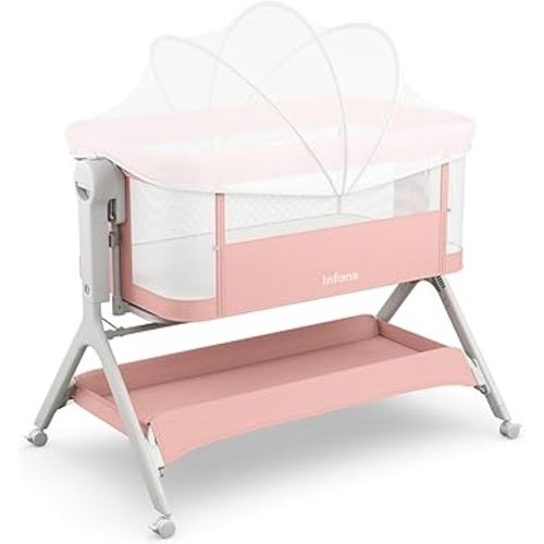 INFANS 5 in 1 Baby Bassinet, Upgraded Rocking Bedside Sleeper with Wheels, Storage Basket, Travel Bag, Mosquito Net, Height Adjustable, Portable All Mesh Crib for Newborn/Infant (Pink)