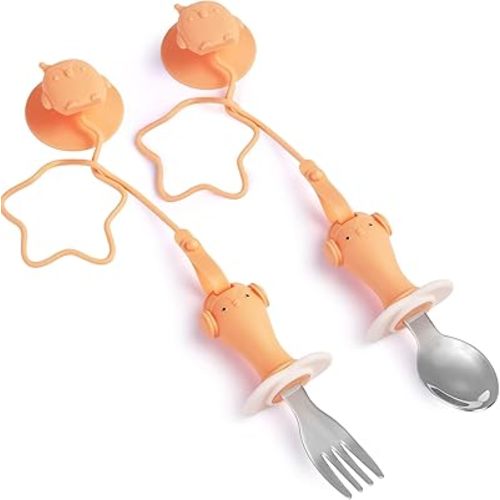 Toddler Utensils, Toddler Fork and Spoon Set Stainless Steel Toddler Silverware Set with Suction and Anti-Dropping Chain, Baby Utensils with Case On-The-Go 2 Pcs Orange