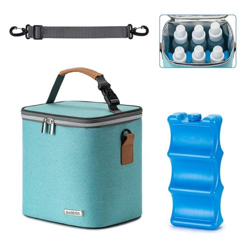 Breastmilk Cooler Bag with Ice Pack Fits 6 Baby Bottles Up to 9 Ounce, Baby Bottle Bag with Shoulder Strap for Nursing Mom Daycare, Aqua - Green