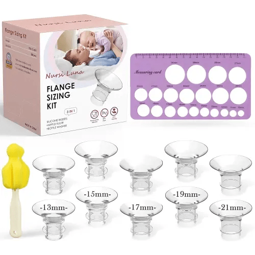 Flange Sizing Kit 3 in 1 Ultimate with 10PCS Flange Inserts 13/15/17/19/21mm, Nipple Ruler, Cleaning Brush, Silicone Flange Insert Kit for 24mm Most Pumps, Pumping Breastfeeding Essentials