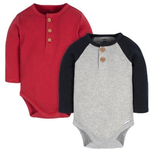 Gerber Baby Boys' Henley Long Sleeve Onesies® Bodysuits - 2-Pack, Color: Red, Size: 0-3 months