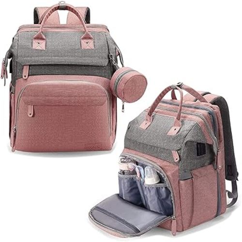DERJUNSTAR Diaper Bag Backpack, Pink, 16.5" x 8" x 12" inch, 19 pockets, waterproof, USB charging port