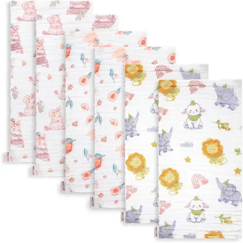 Maliton Muslin Burp Cloths for Baby Girl 6 Pack Large 20''x10'' 100% Cotton Burp Rags Absorbent and Soft 6 Layers Muslin Cloth Baby Boy Newborn Essentials Must Haves (Rabbit & Fruit)