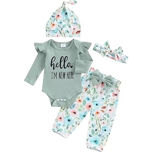 Hello World Newborn Outfit Baby Girl Going Home Outfit Ruffle Ribbed Romper Top Floral Pants Set Cute Summer Clothes