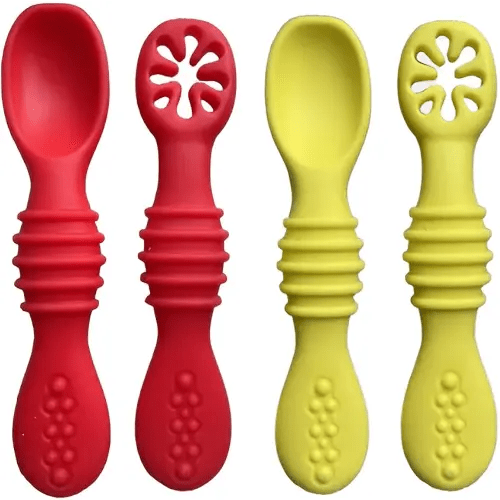Baby Spoons 4Pcs Silicone Baby Feeding Set Toddler Utensils Cutlery Forks utensile Bebe Kids Dish Baby Spoons for self Feeding Essentials 6-12 Months Supplies Dishes Fork Spoon Set, Red & Yellow