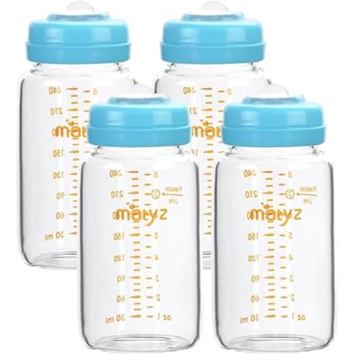 Matyz Glass Breastmilk Storage Bottles, 4 Pack, 8 oz, Sturdy Glass Bottle for Milk Freezing and Baby Feeding - Large Pumping Bottle for Philips Medela Spectra Breast Pumps - No BPA (Blue Lids)