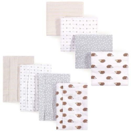 Hudson Baby Unisex Baby Cotton Flannel Burp Cloths and Receiving Blankets, 8-Piece, Hedgehog, One Size