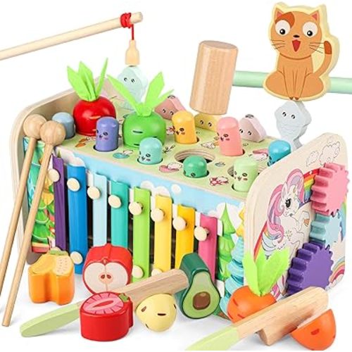 10 in 1 Montessori Toys for Toddlers, Wooden Hammering Pounding Toy with Whack A Mole Game, Xylophone, Fishing and Fruit Recognition Baby Brithday for Toddlers